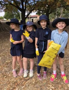 Four students standing under trees wearing gloves, with one holding a bag to collect rubbish